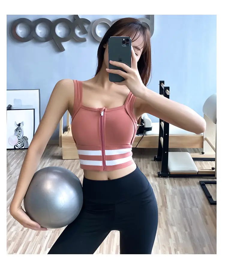 Front Zipper Yoga Bra for Women, Pink with White Stripes — feature 11