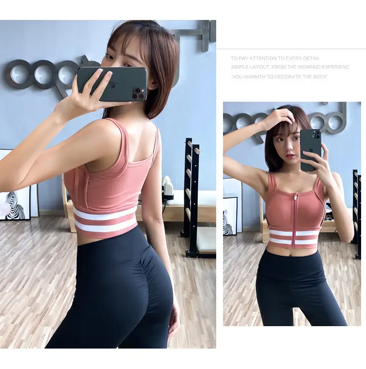 Front Zipper Yoga Bra for Women, Pink with White Stripes — feature 12