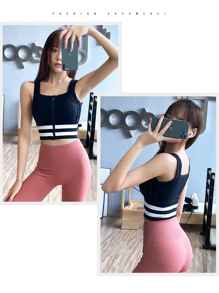 Front Zipper Yoga Bra for Women, Pink with White Stripes — feature 15