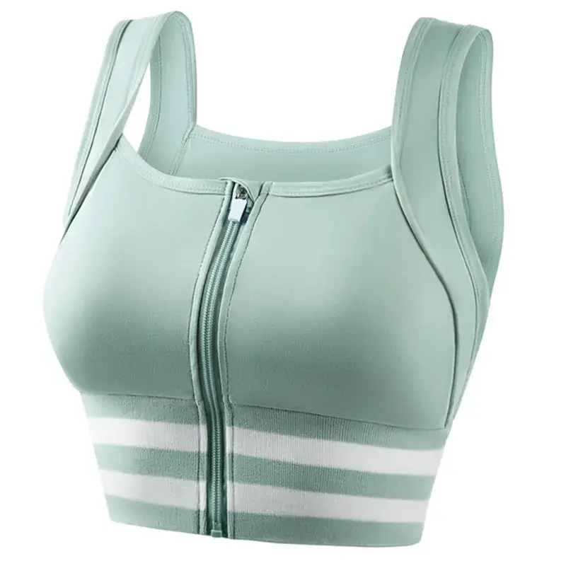 Front Zipper Yoga Bra for Women, Pink with White Stripes