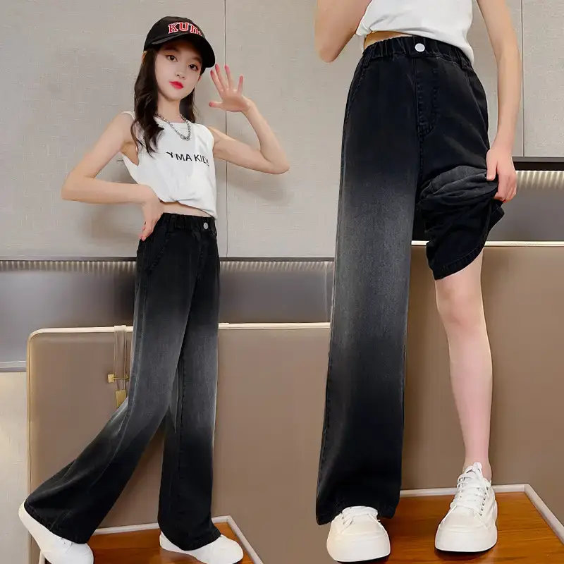 Girls Gradient Denim Wide Leg Pants Summer Casual - Image 3