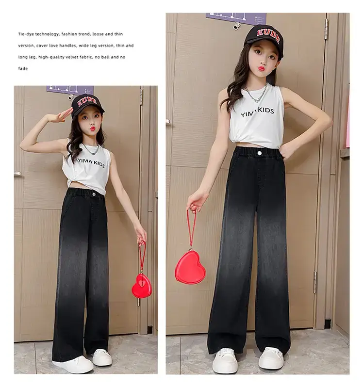 Girls Gradient Denim Wide Leg Pants Summer Casual — feature 17