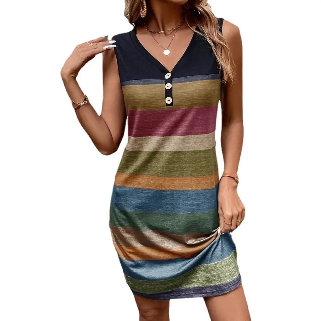 2025 Button Long Vest Dress Gold Striped