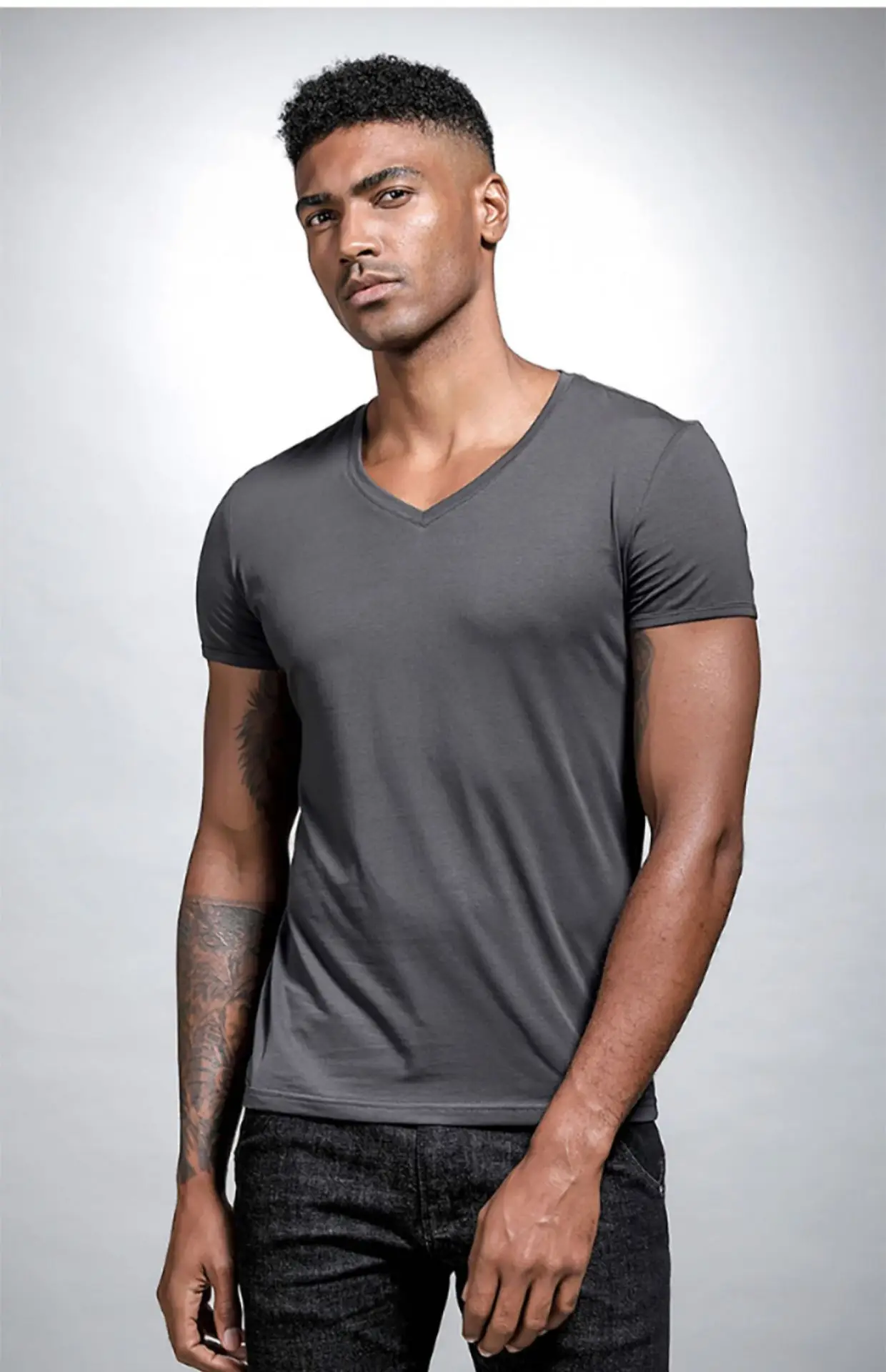 Men V Neck Grey T-Shirt Summer Lycra Cotton Slim Fit — feature 21