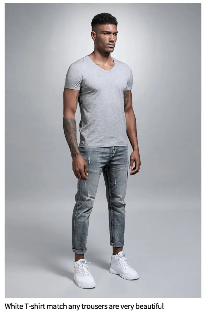 Men V Neck Grey T-Shirt Summer Lycra Cotton Slim Fit — feature 23