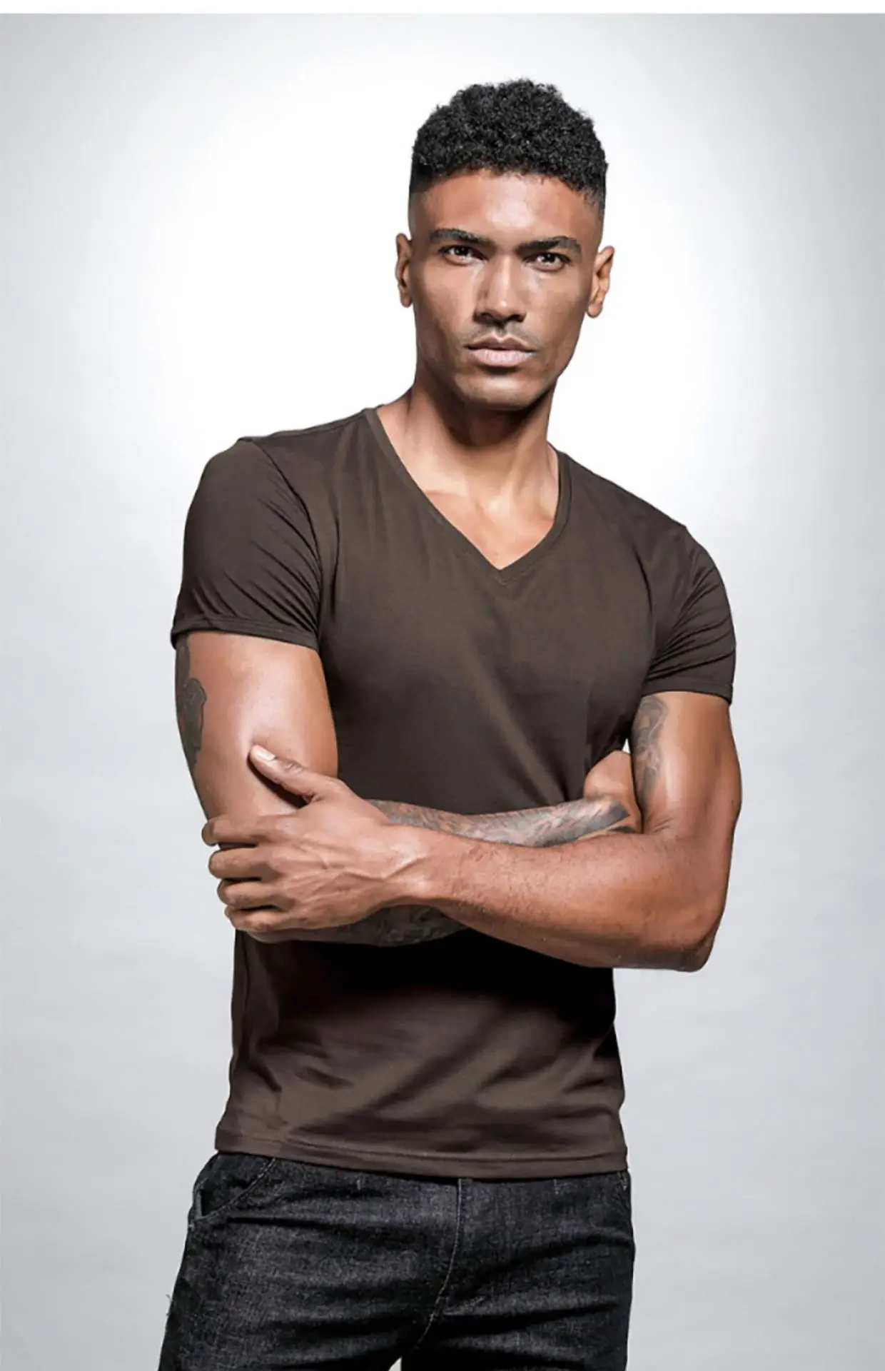 Men V Neck Grey T-Shirt Summer Lycra Cotton Slim Fit — feature 24