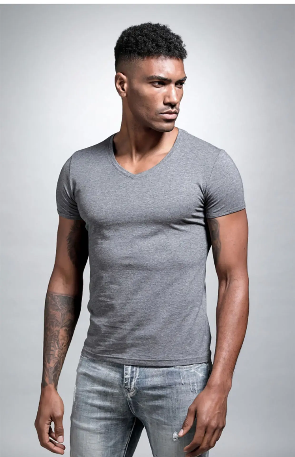 Men V Neck Grey T-Shirt Summer Lycra Cotton Slim Fit — feature 28
