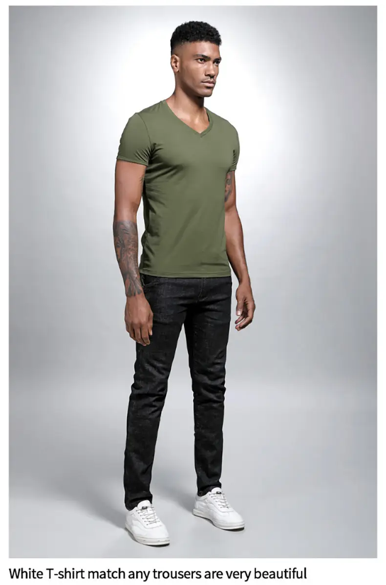 Men V Neck Grey T-Shirt Summer Lycra Cotton Slim Fit — feature 30