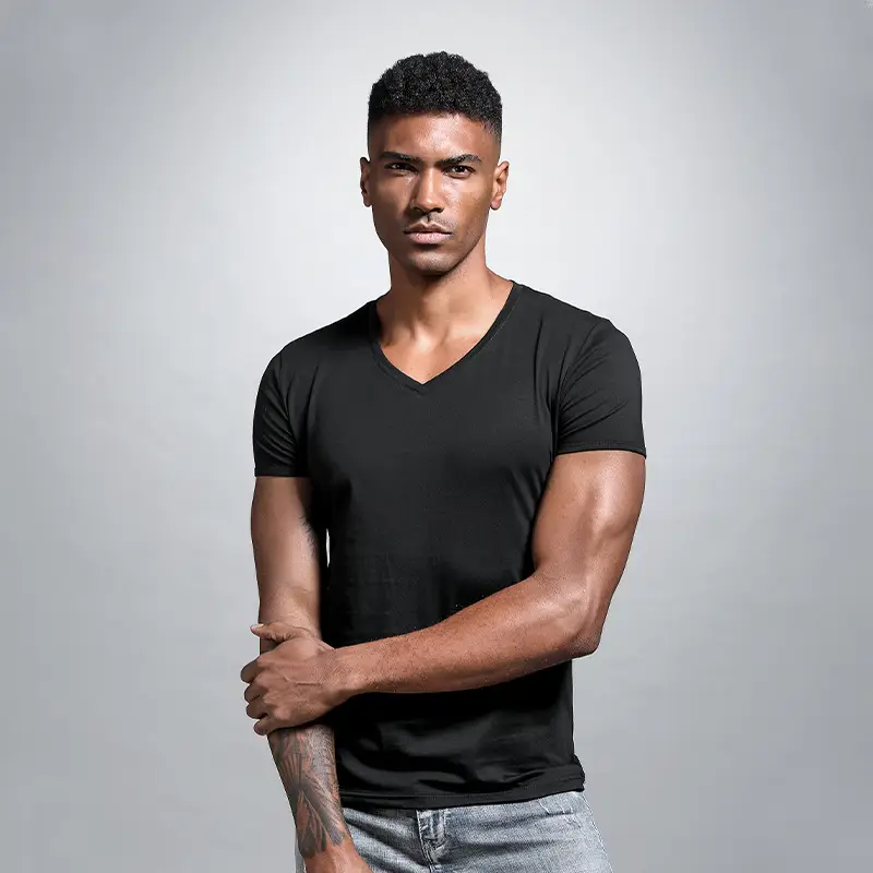 Men V Neck Grey T-Shirt Summer Lycra Cotton Slim Fit