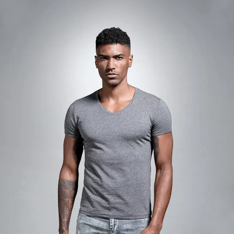 Men V Neck Grey T-Shirt Summer Lycra Cotton Slim Fit