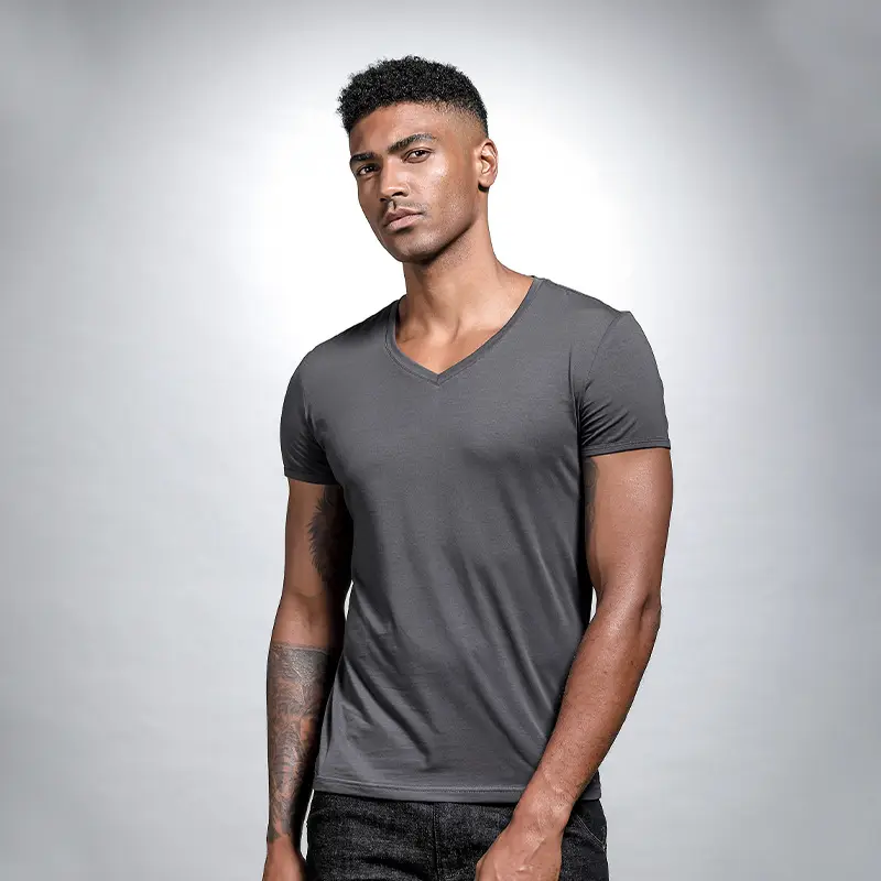 Men V Neck Grey T-Shirt Summer Lycra Cotton Slim Fit