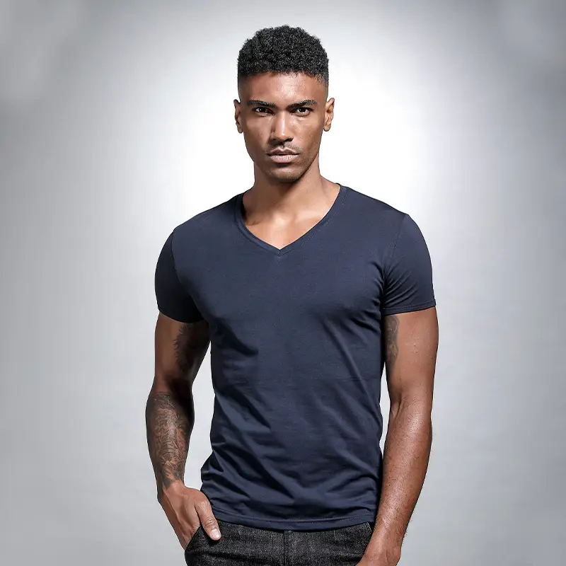 Men V Neck Grey T-Shirt Summer Lycra Cotton Slim Fit