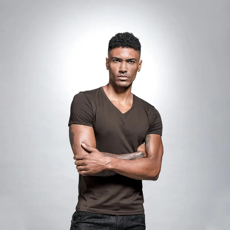 Men V Neck Grey T-Shirt Summer Lycra Cotton Slim Fit