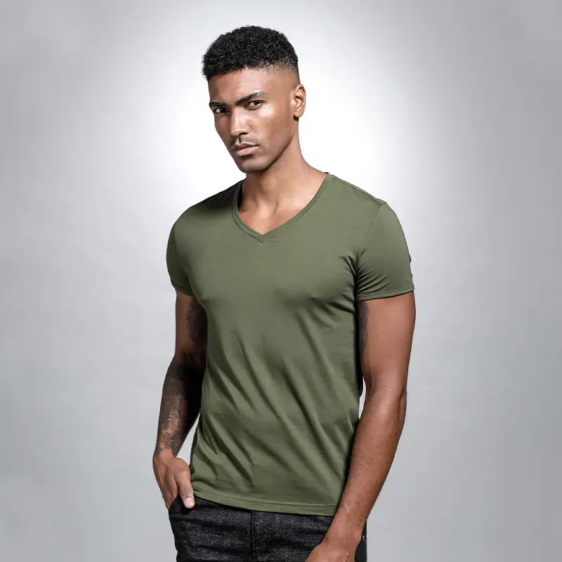 Men V Neck Grey T-Shirt Summer Lycra Cotton Slim Fit