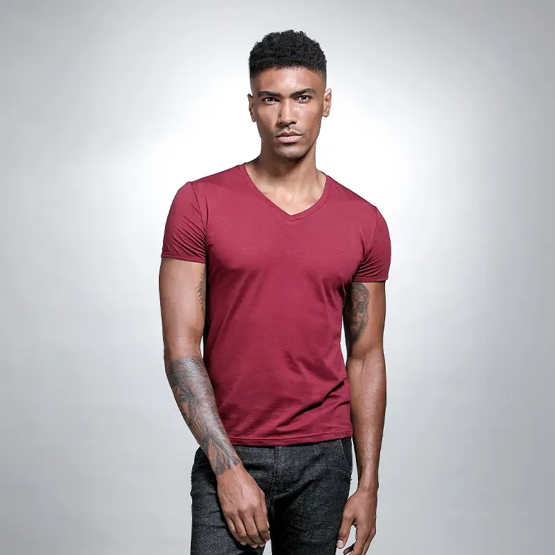 Men V Neck Grey T-Shirt Summer Lycra Cotton Slim Fit