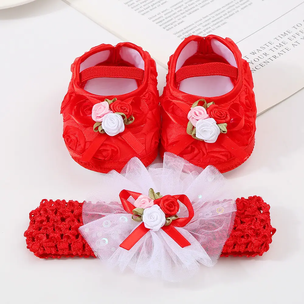 Cute White Baby Shoes with Rose Bow Set