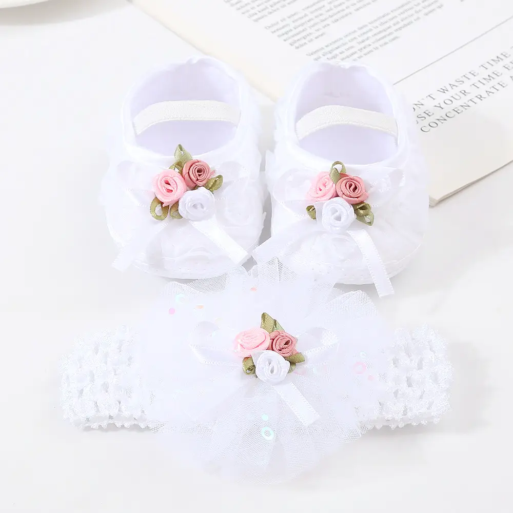 Cute White Baby Shoes with Rose Bow Set