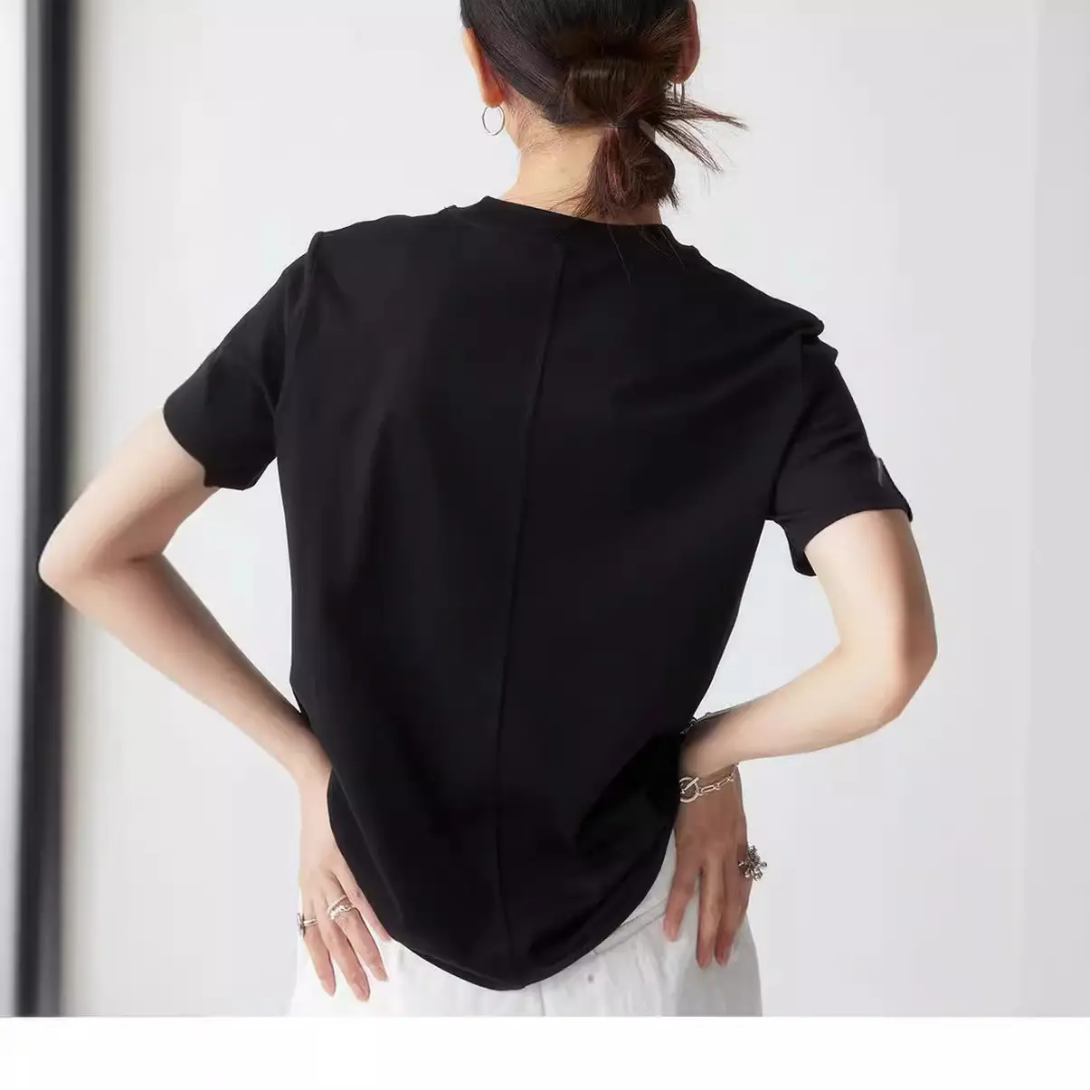 Women Black Cotton T-Shirt with Chic Collar - Image 9