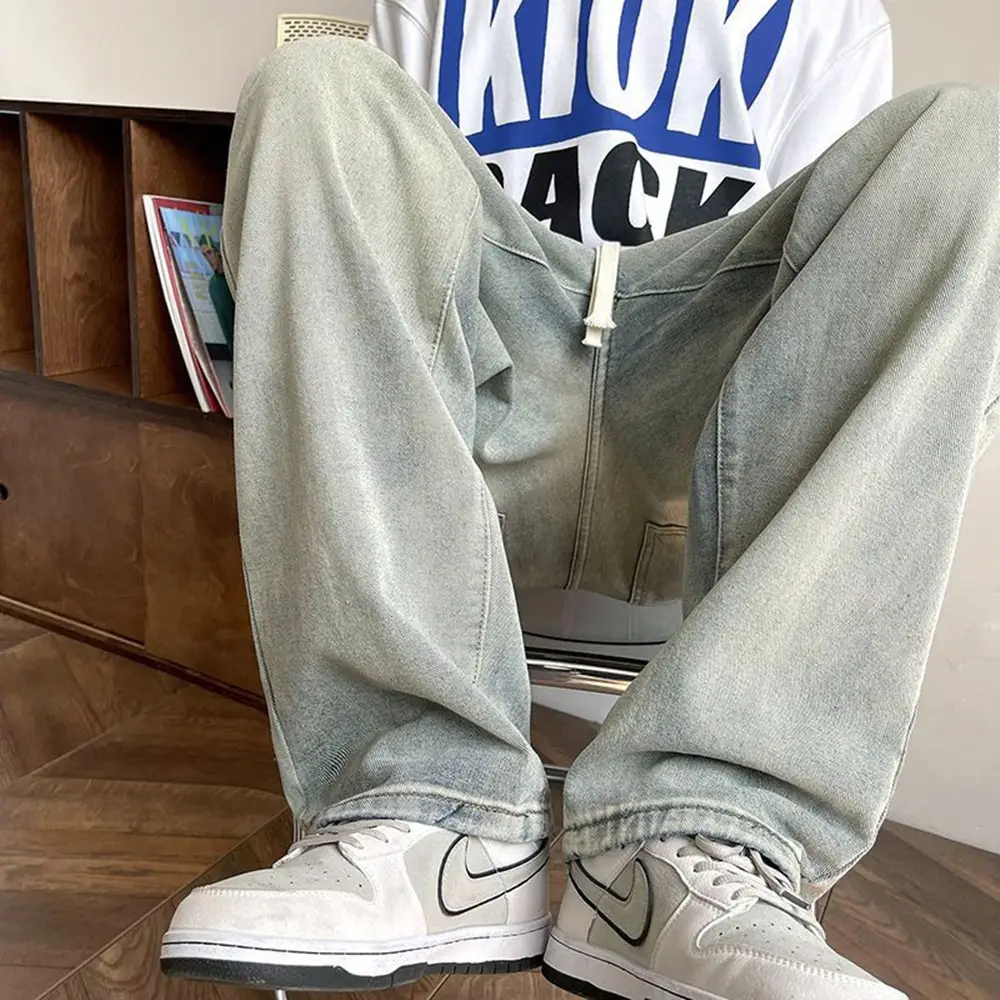 Men Wide Leg Yellow Mud Dyed Jeans Summer Loose Straight - Image 5