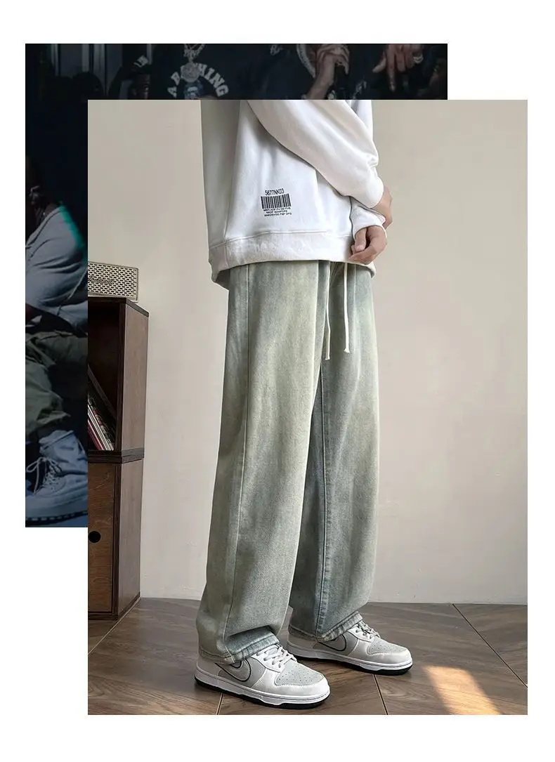 Men Wide Leg Yellow Mud Dyed Jeans Summer Loose Straight — feature 2