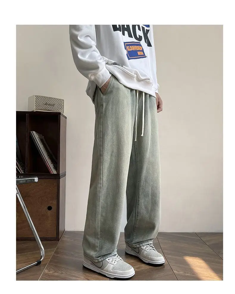 Men Wide Leg Yellow Mud Dyed Jeans Summer Loose Straight — feature 5