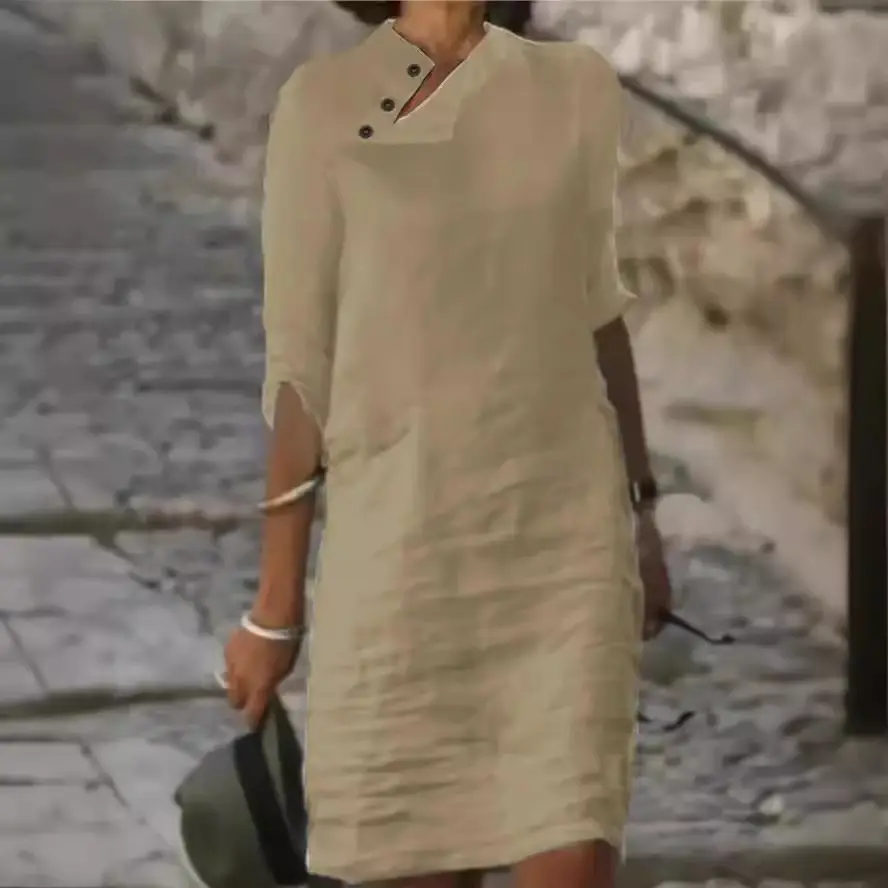 2025 Spring Summer Button Collar Dress Cotton Linen - Image 5