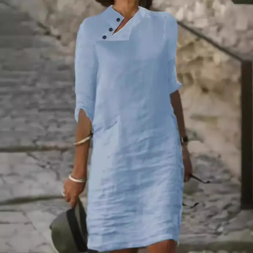 2025 Spring Summer Button Collar Dress Cotton Linen - Image 6