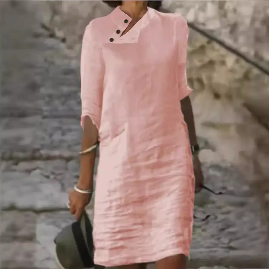 2025 Spring Summer Button Collar Dress Cotton Linen - Image 7