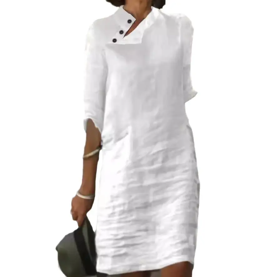2025 Spring Summer Button Collar Dress Cotton Linen - Image 8