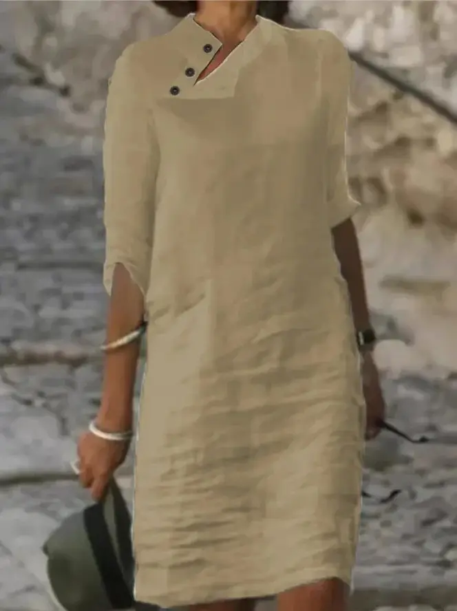 2025 Spring Summer Button Collar Dress Cotton Linen - Image 3