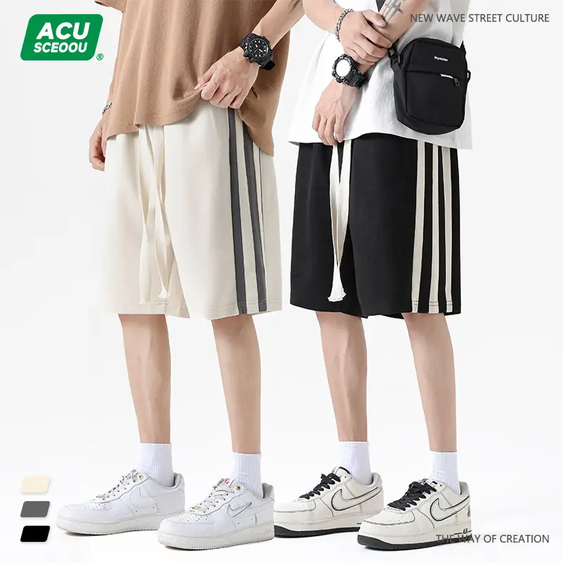 Men Grey Striped Shorts with White Drawstring - Image 4