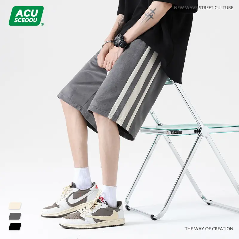 Men Grey Striped Shorts with White Drawstring - Image 5