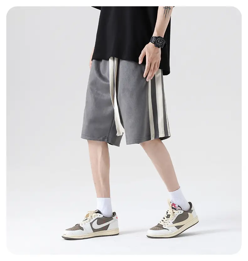 Men Grey Striped Shorts with White Drawstring — feature 10