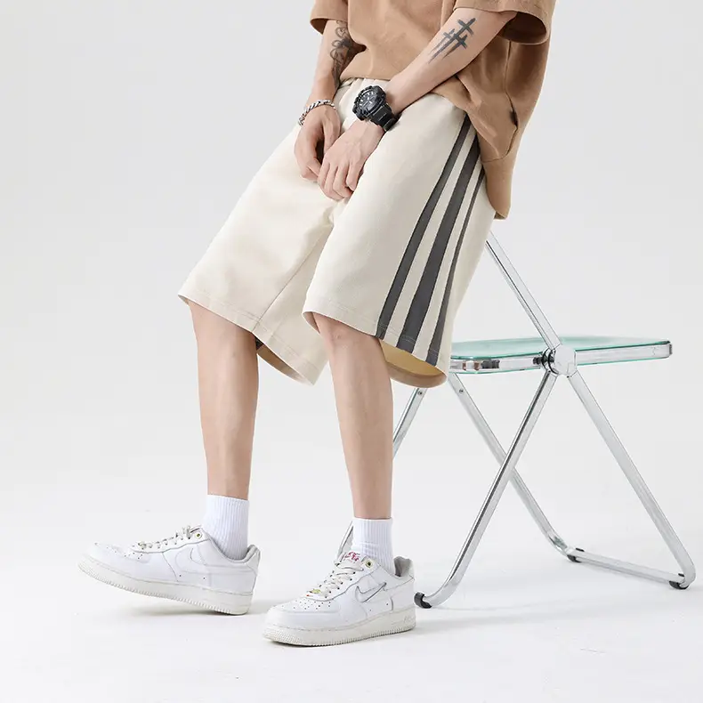 Men Grey Striped Shorts with White Drawstring — feature 16