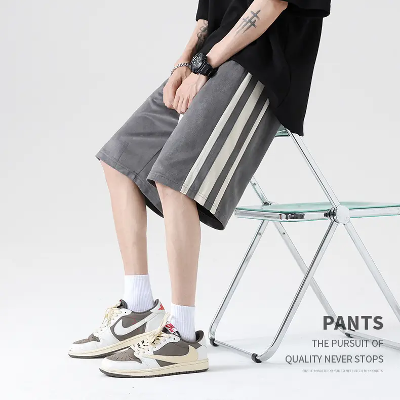 Men Grey Striped Shorts with White Drawstring — feature 2
