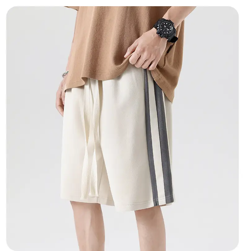 Men Grey Striped Shorts with White Drawstring — feature 3