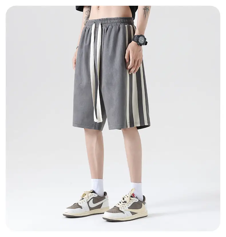 Men Grey Striped Shorts with White Drawstring — feature 8