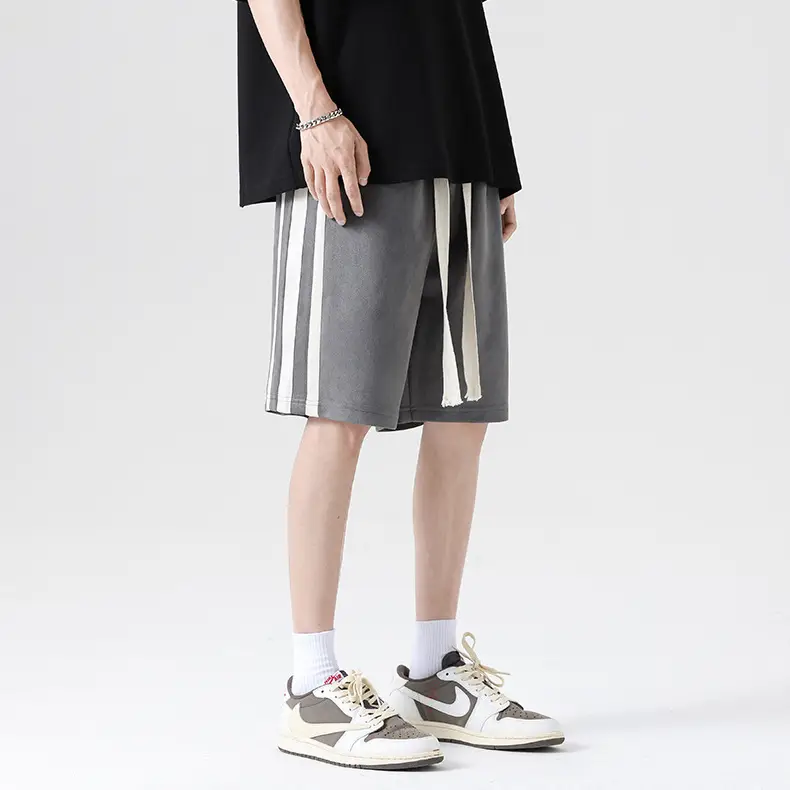 Men Grey Striped Shorts with White Drawstring — feature 9