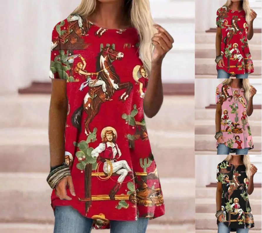 2023 Foreign Trade Cross-border Women's Fashion Loose Round Neck Digital Printing Western Style Long Sleeve Top 5339