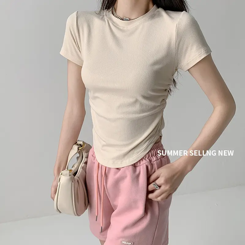 Women Gray Crewneck T-Shirt Slim Fit Summer Top - Image 8