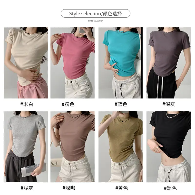 Women Gray Crewneck T-Shirt Slim Fit Summer Top - Image 9