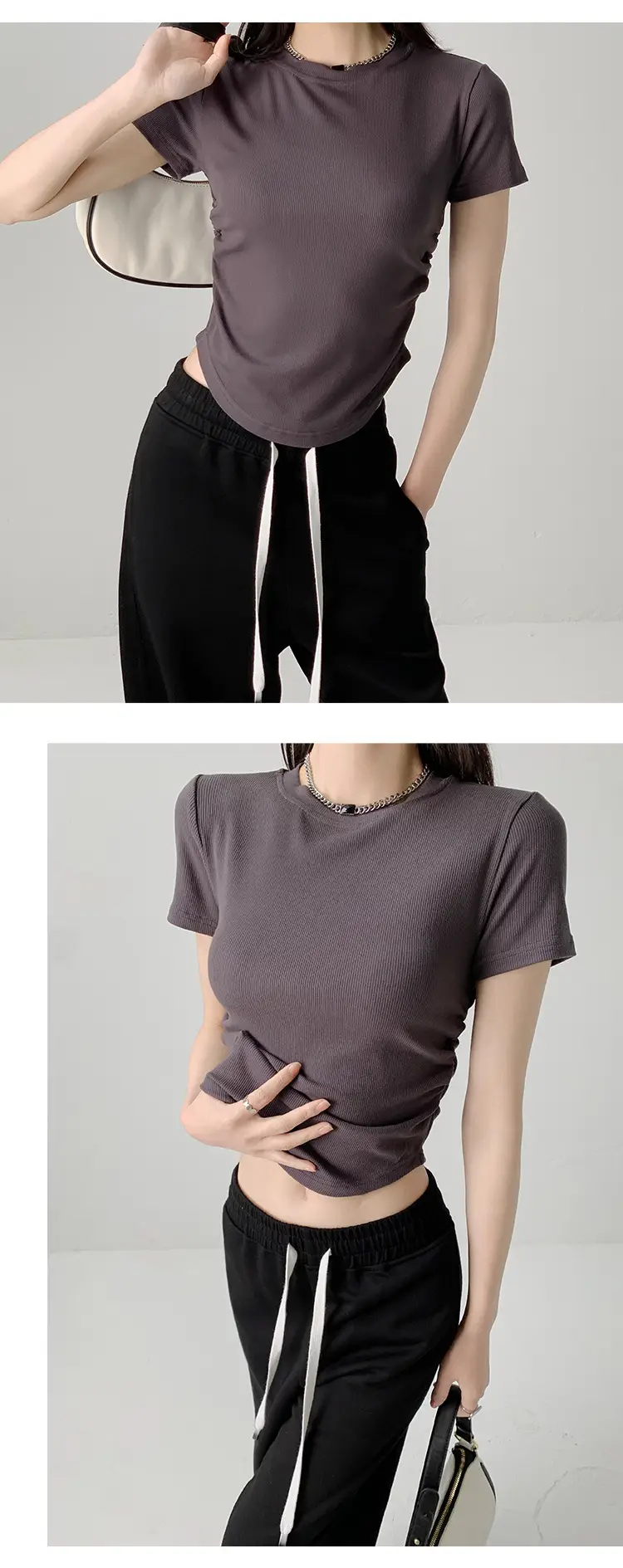 Women Gray Crewneck T-Shirt Slim Fit Summer Top — feature 12