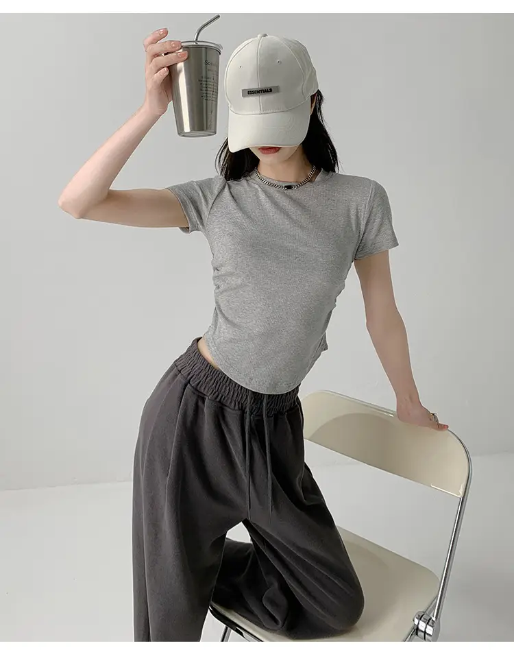 Women Gray Crewneck T-Shirt Slim Fit Summer Top — feature 14