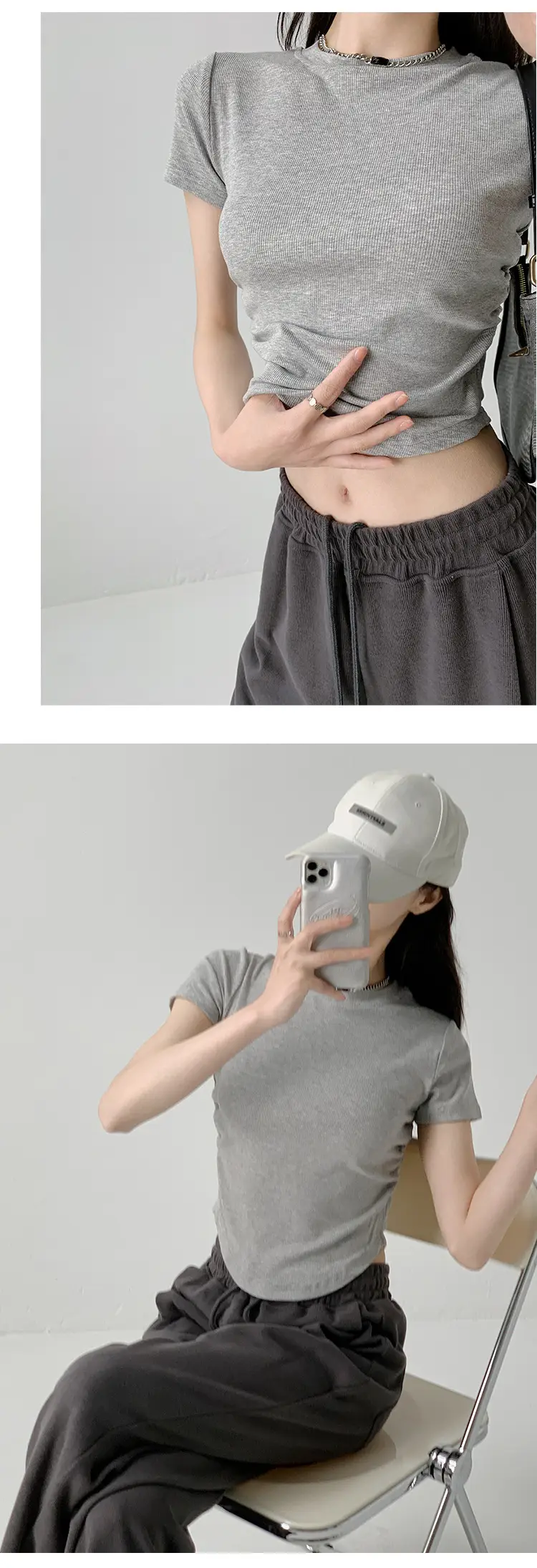 Women Gray Crewneck T-Shirt Slim Fit Summer Top — feature 15