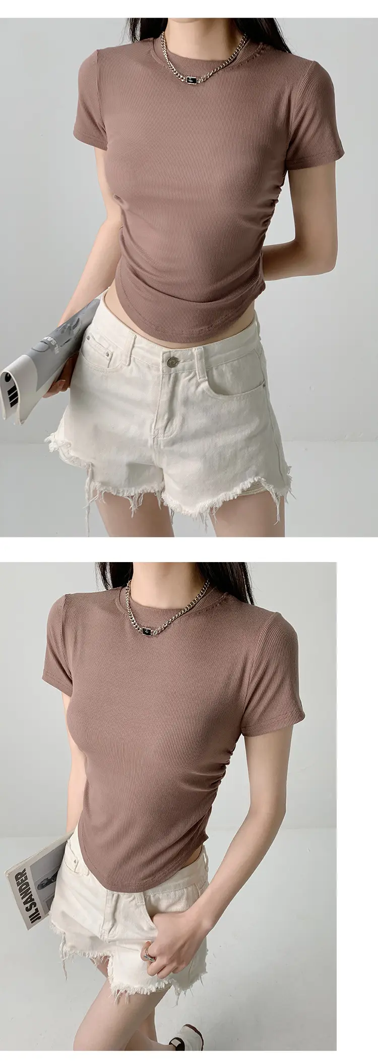 Women Gray Crewneck T-Shirt Slim Fit Summer Top — feature 20