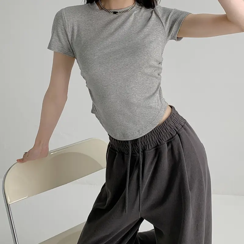 Women Gray Crewneck T-Shirt Slim Fit Summer Top - Image 2