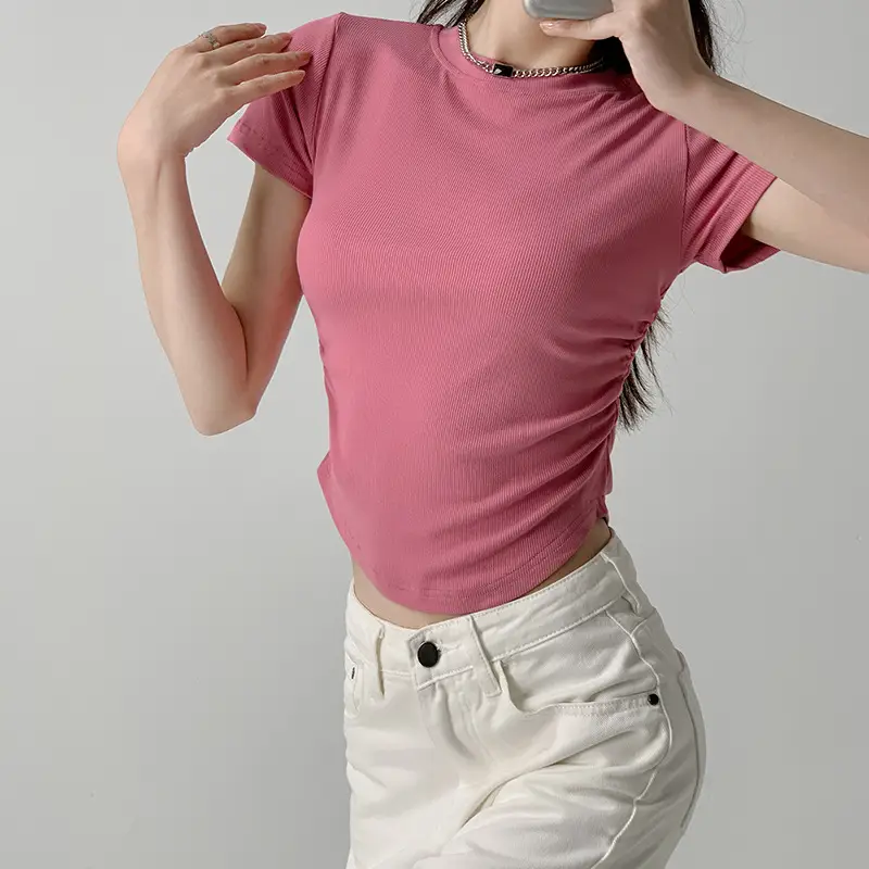 Women Gray Crewneck T-Shirt Slim Fit Summer Top - Image 3