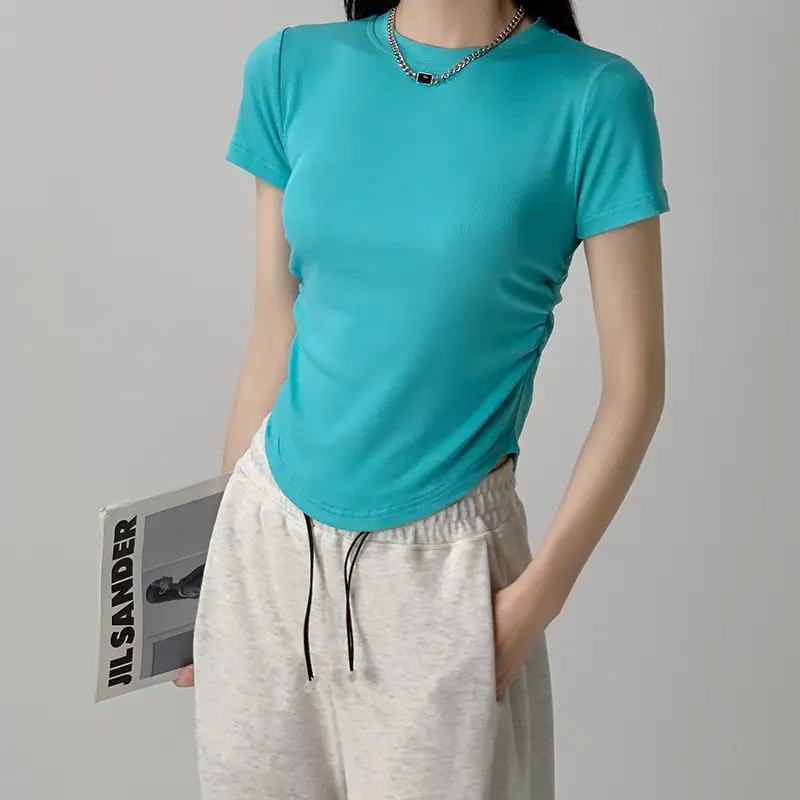 Women Gray Crewneck T-Shirt Slim Fit Summer Top - Image 4