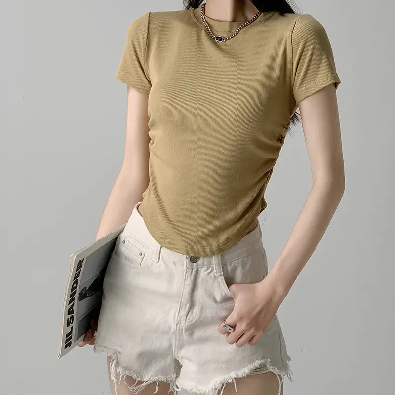 Women Gray Crewneck T-Shirt Slim Fit Summer Top - Image 6
