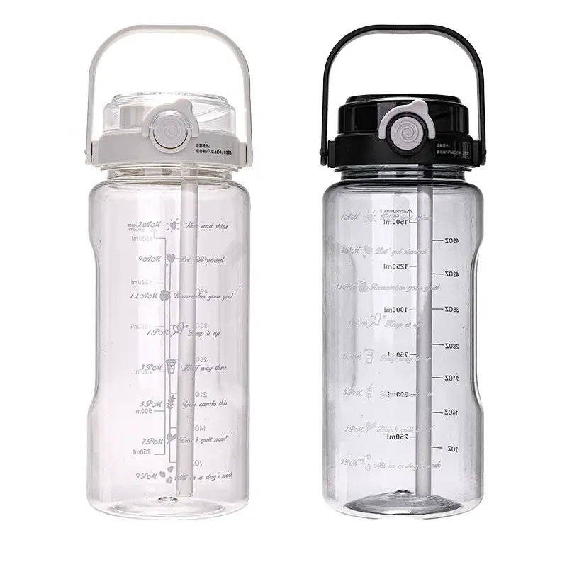 Summer Large-Capacity Plastic Water Cup with Straw Double Drinking Cup Portable Fitness Sports Water Cup Kettle Plastic Cup Customization